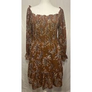 Anthropologie Smocked Baby Doll Milk Maid Dress Brown Floral L Boho Cottagecore